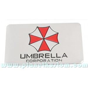 Sticker umbrella corporation logo rectangle fond alu bross&eacute; badge 3d m&eacute;tal