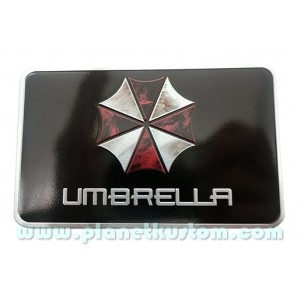 Sticker umbrella corporation logo rectangle fond noir badge 3d m&eacute;tal used