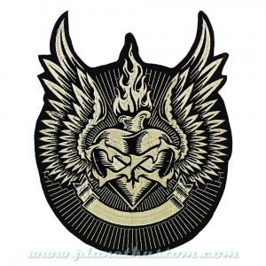 patch ecusson grande taille coeur sacr&eacute; aill&eacute; dor&eacute; flame