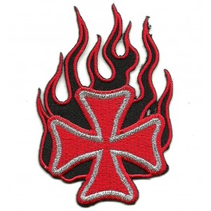 Patch &eacute;cusson flaming iron cross coix de malte flame